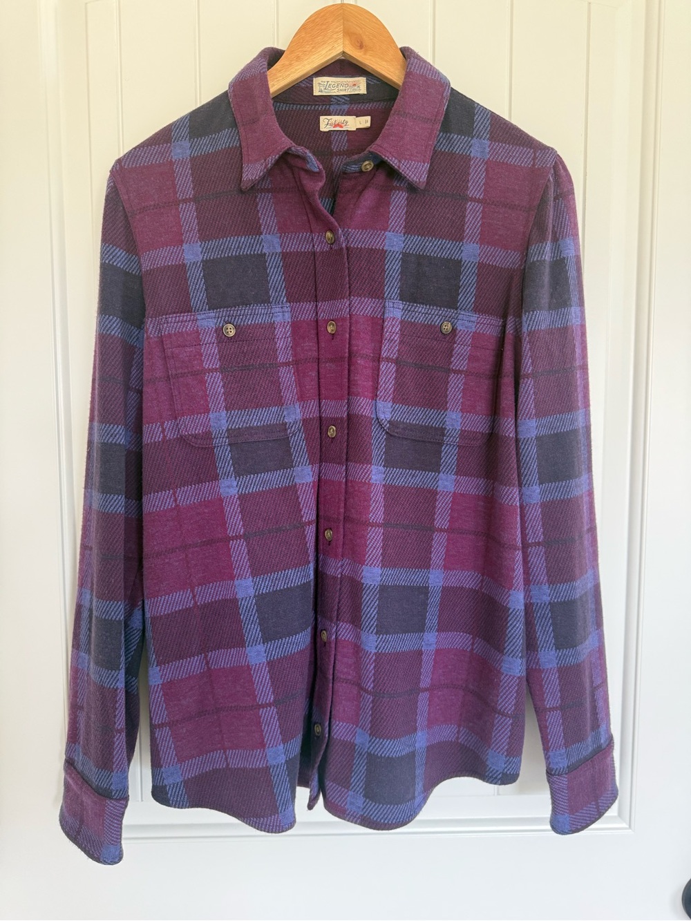 Faherty Legend Sweater Shirt Women Large L Purple Plaid Double Pocket Button Up